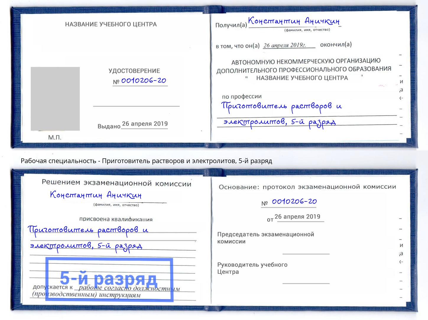 корочка 5-й разряд Приготовитель растворов и электролитов Лянтор