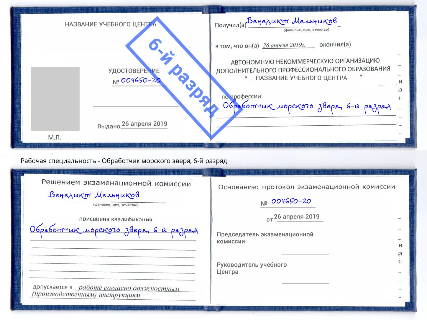 корочка 6-й разряд Обработчик морского зверя Лянтор