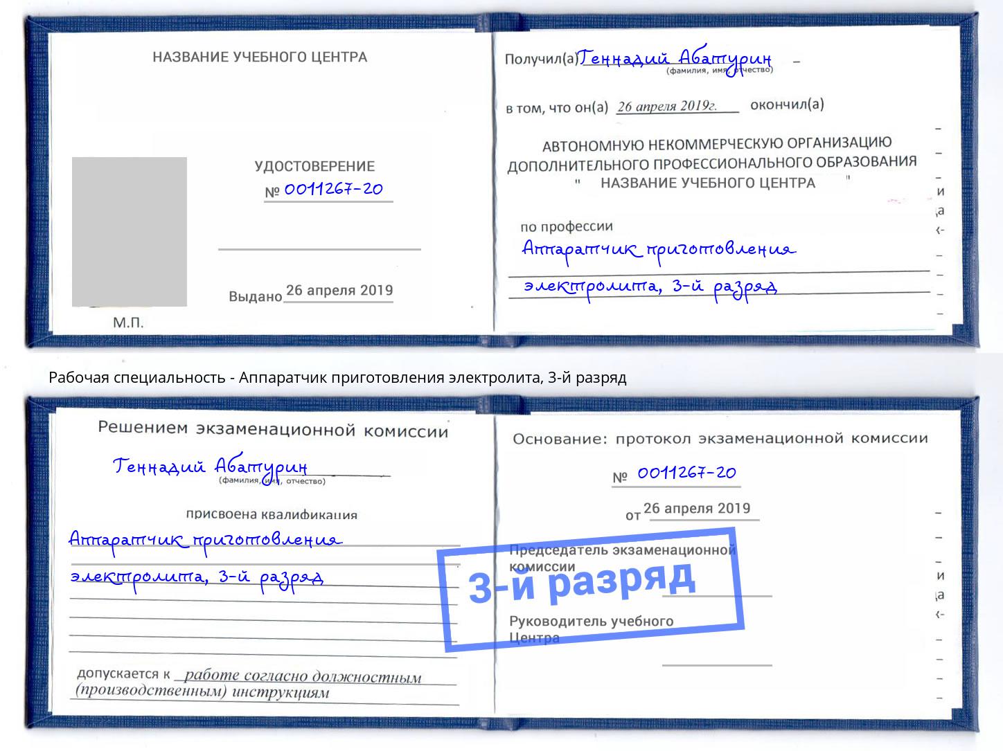 корочка 3-й разряд Аппаратчик приготовления электролита Лянтор