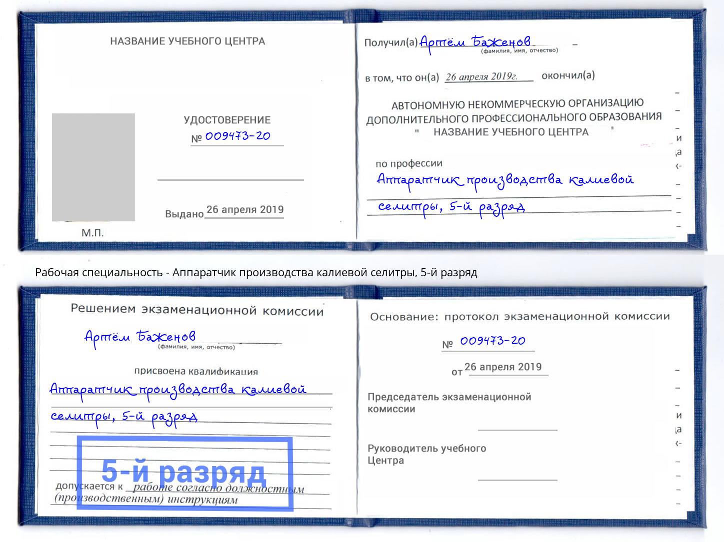 корочка 5-й разряд Аппаратчик производства калиевой селитры Лянтор