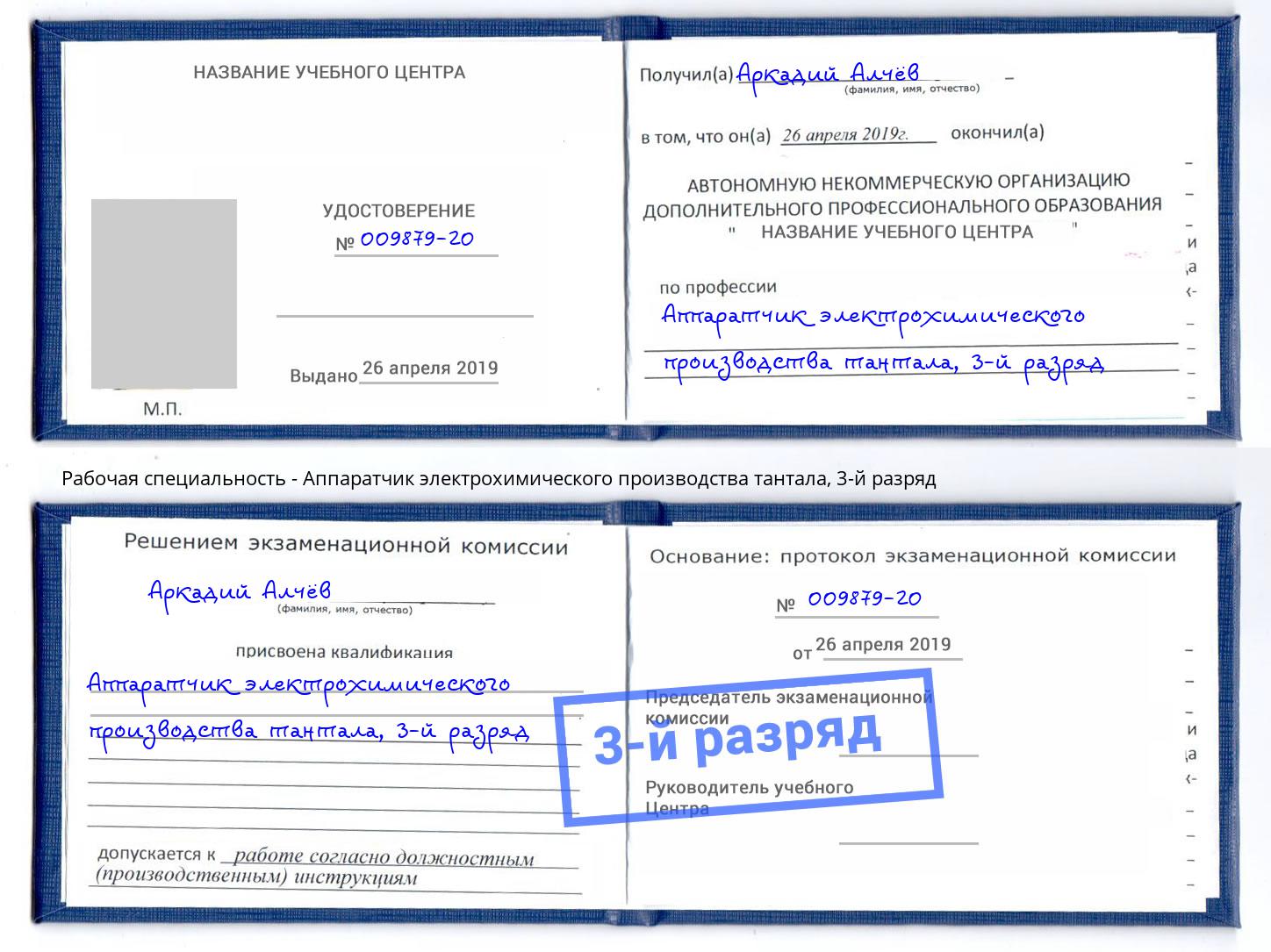 корочка 3-й разряд Аппаратчик электрохимического производства тантала Лянтор